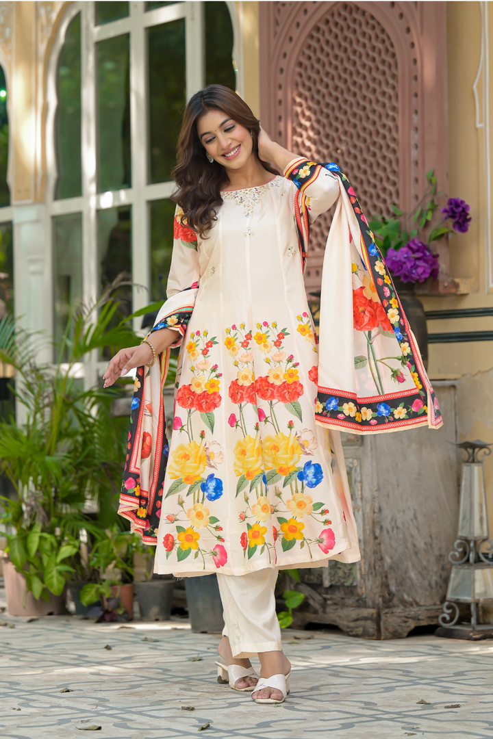 Printed Cotton Silk Kurta Set Stitched with Aari work