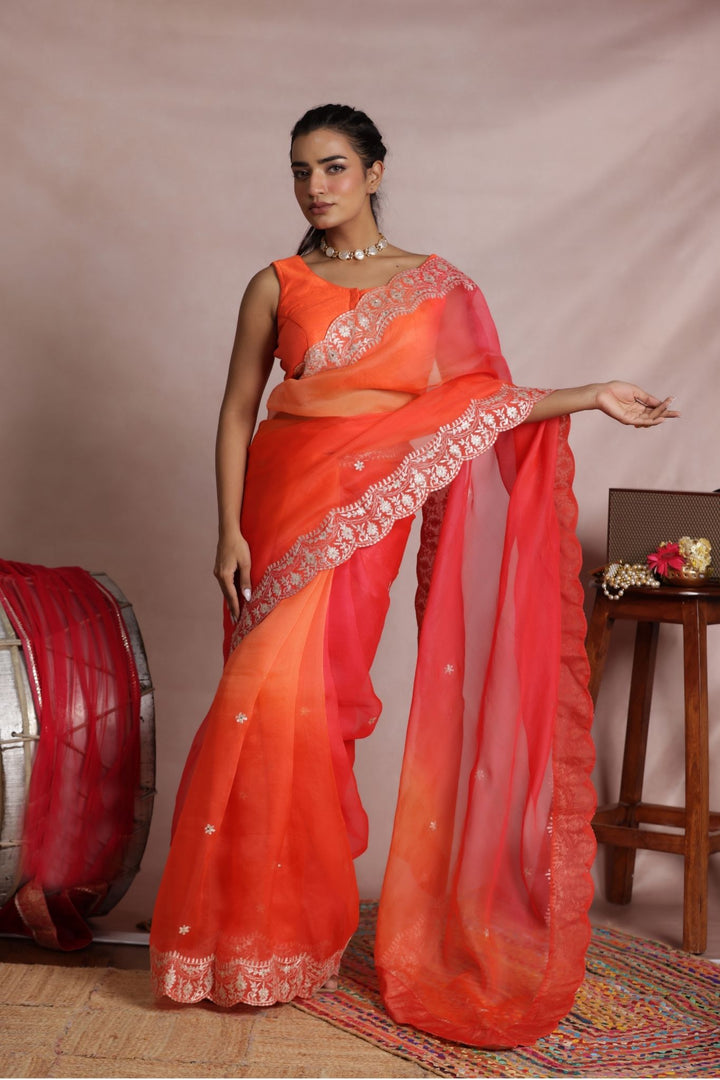 Shaded Organza Saree Embroidered with Pittan work