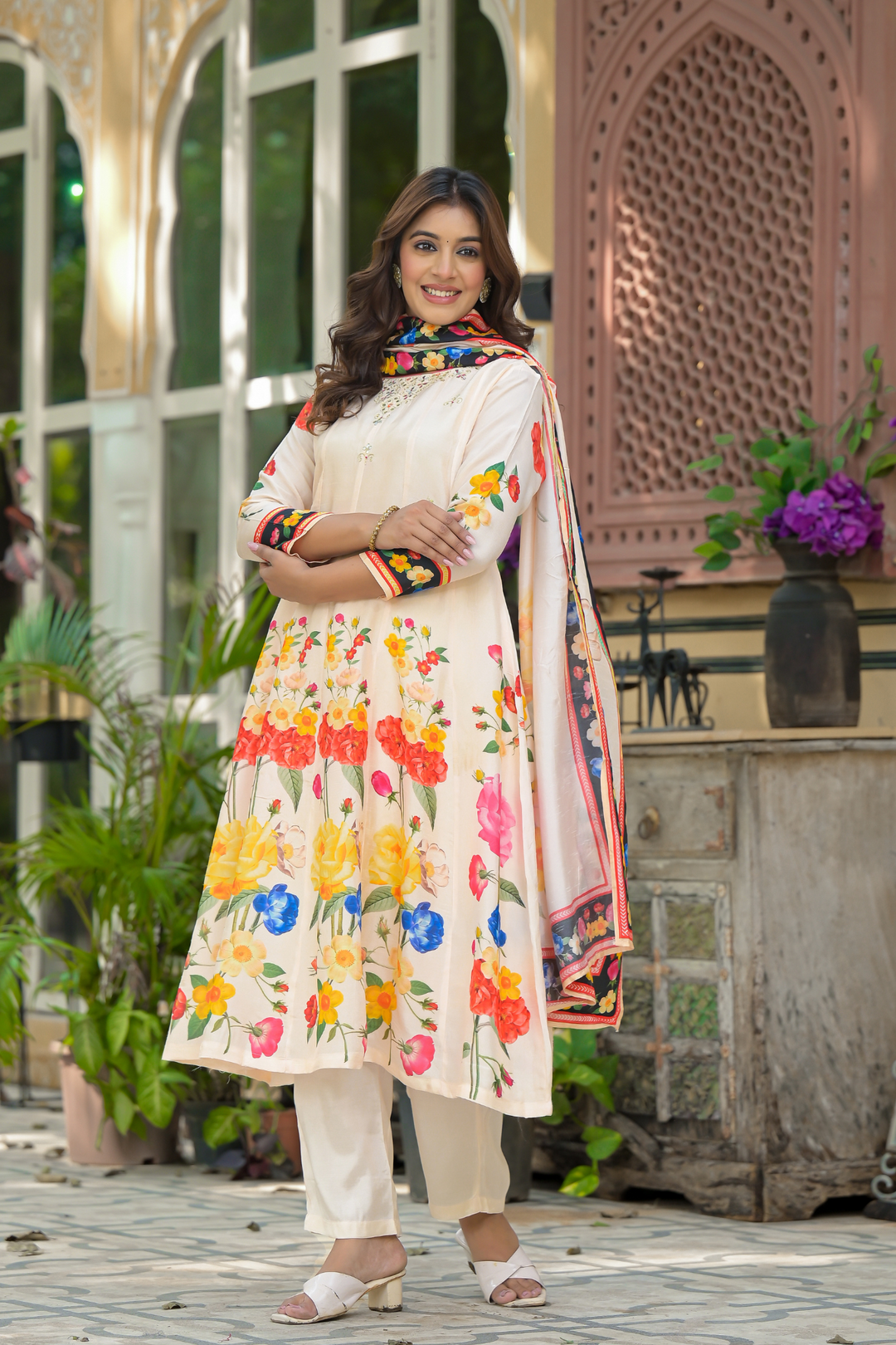 Printed Cotton Silk Kurta Set Stitched with Aari work