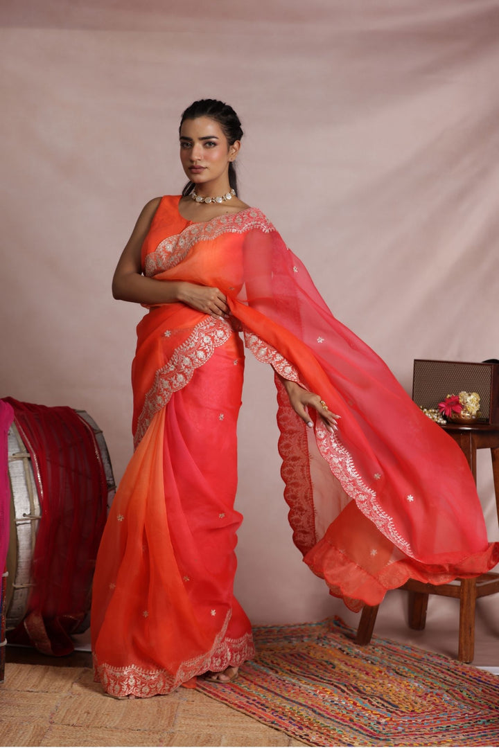 Shaded Organza Saree Embroidered with Pittan work