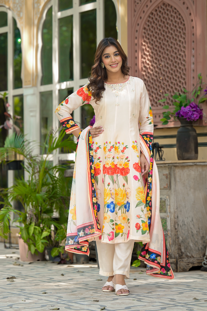 Printed Cotton Silk Kurta Set Stitched with Aari work