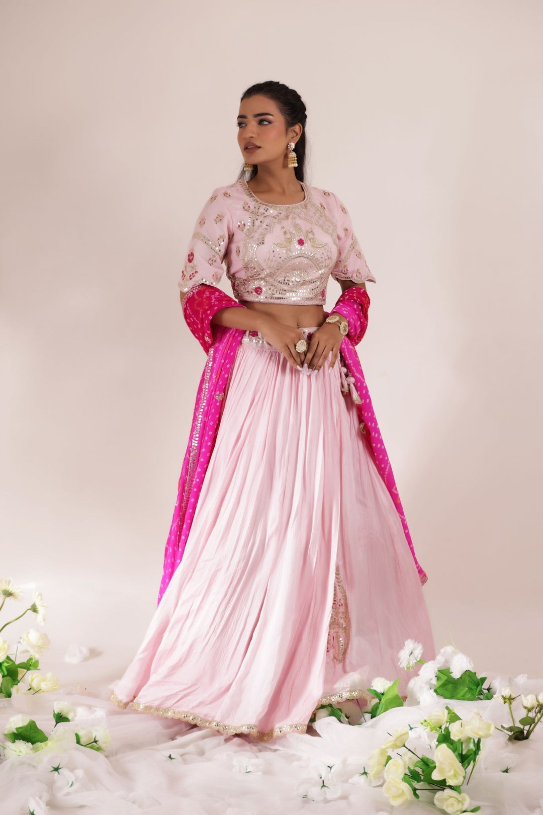 Bandhej Silk Lehenga Embroidered with Gota Patti work