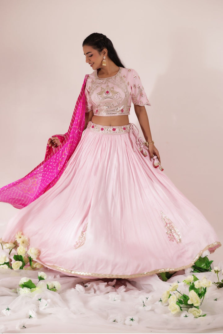 Bandhej Silk Lehenga Embroidered with Gota Patti work