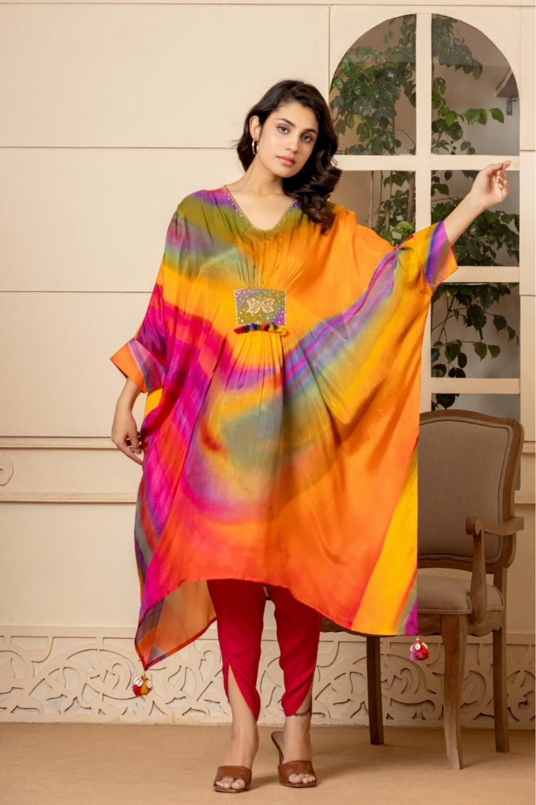 Printed Silk Blend Kaftan Set Stitched with Cutdana Work