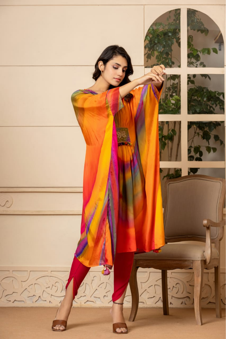 Printed Silk Blend Kaftan Set Stitched with Cutdana Work