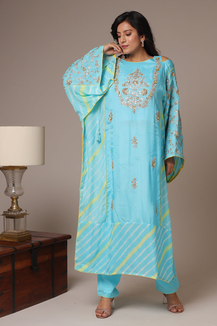 Embroidered Leheriya Silk Kaftan with Gota Patti work.