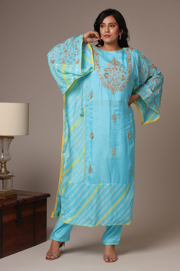 Embroidered Leheriya Silk Kaftan with Gota Patti work.