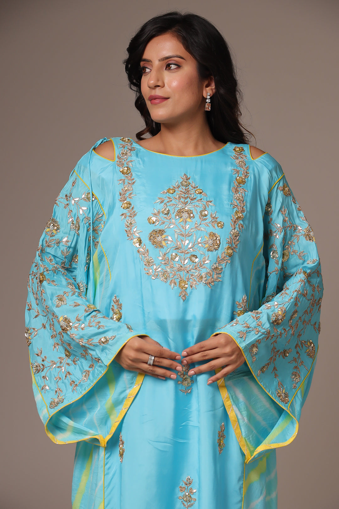 Embroidered Leheriya Silk Kaftan with Gota Patti work.