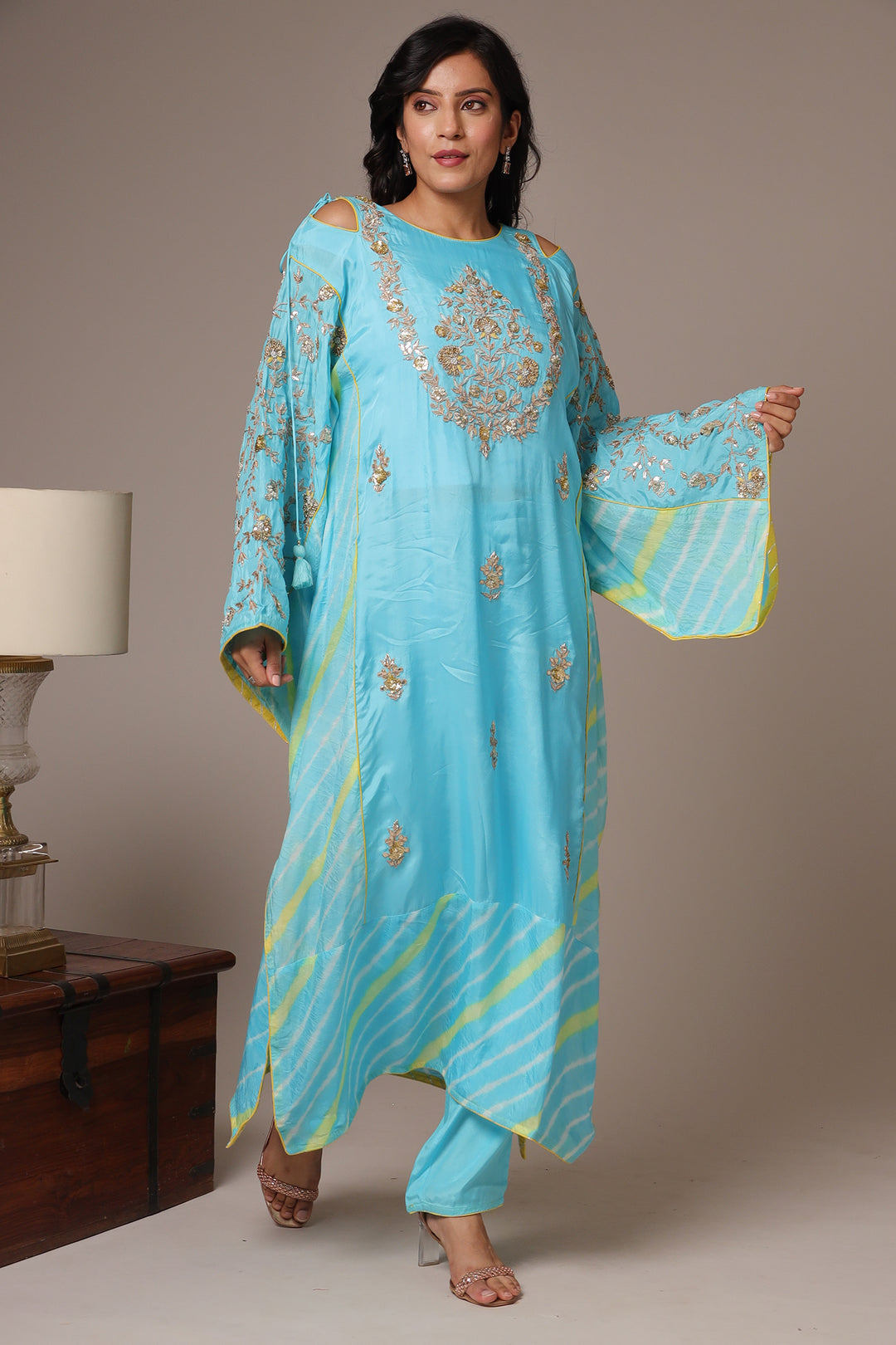 Embroidered Leheriya Silk Kaftan with Gota Patti work.