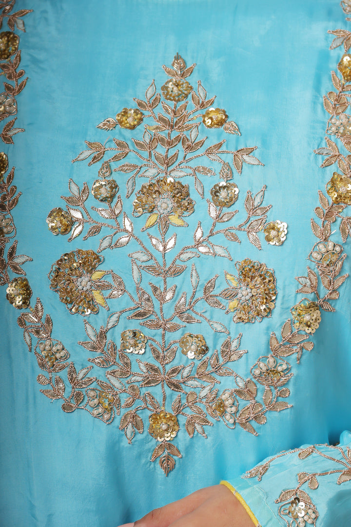 Embroidered Leheriya Silk Kaftan with Gota Patti work.