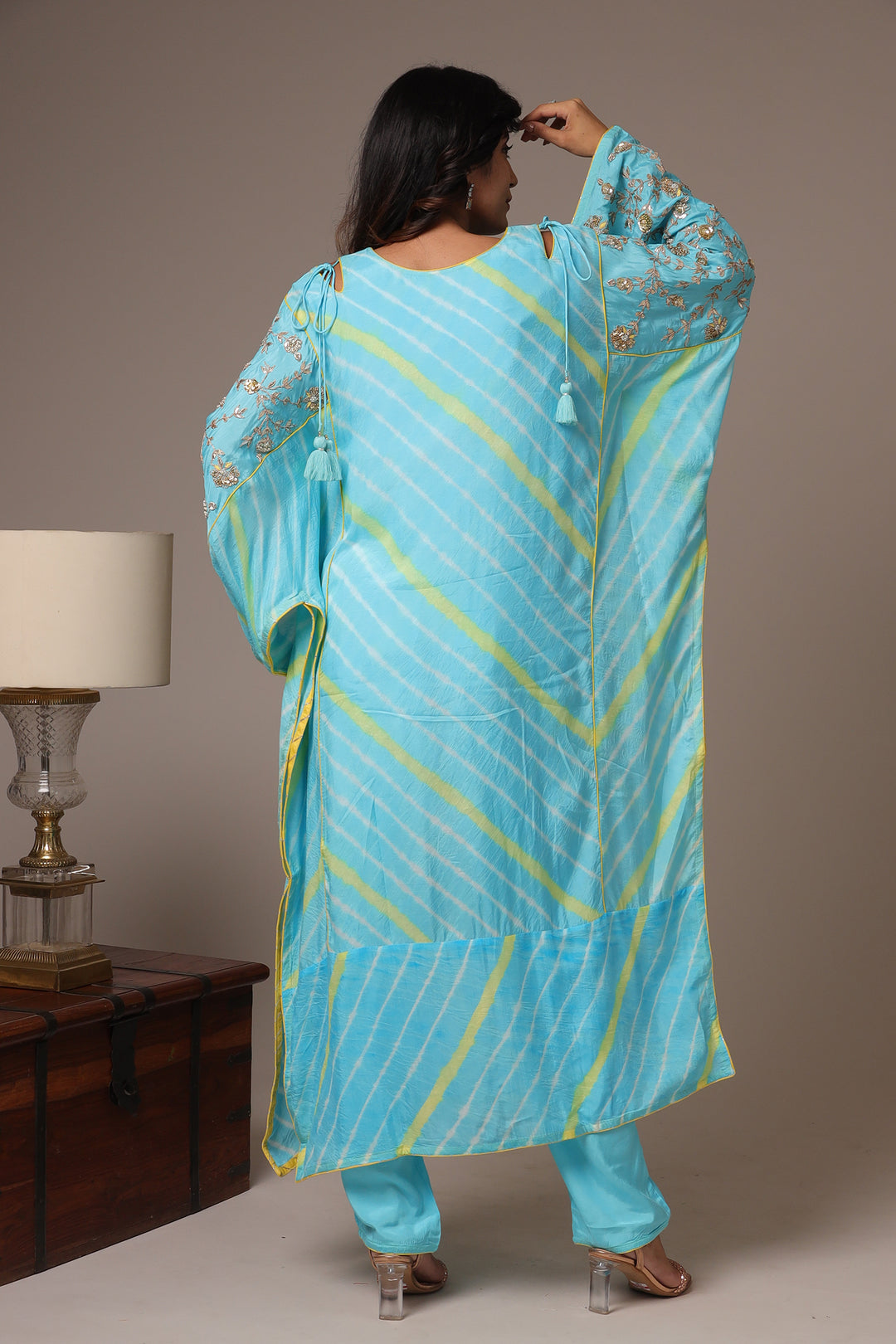 Embroidered Leheriya Silk Kaftan with Gota Patti work.