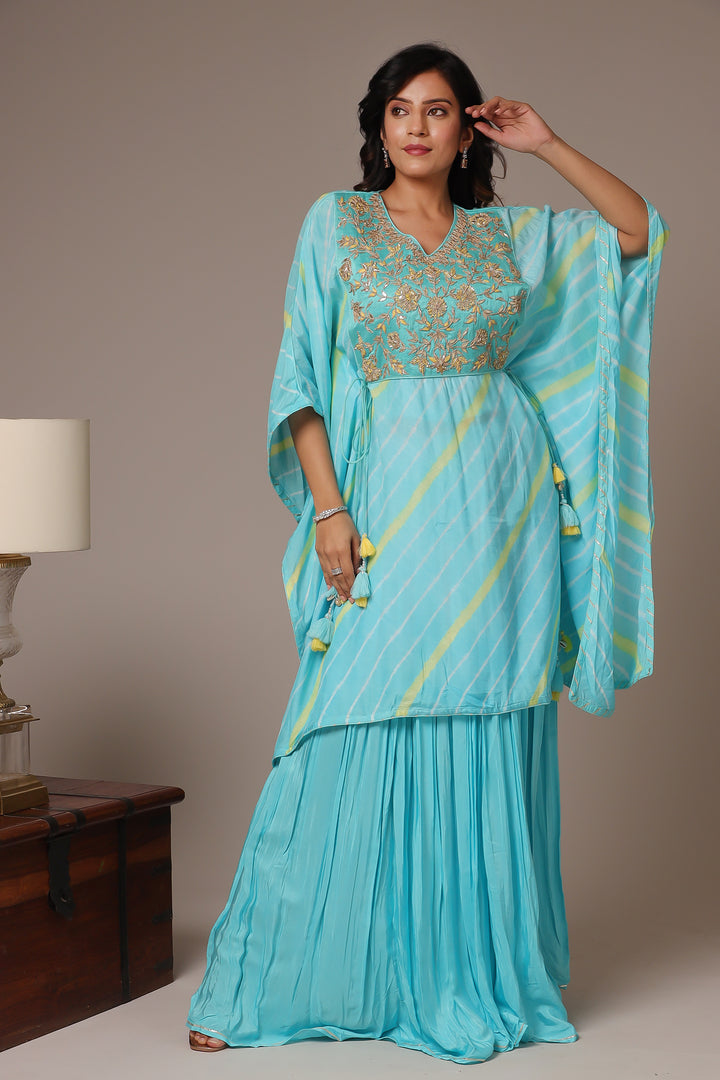 Embroidered Leheriya Silk Kaftan with Gota Patti work.