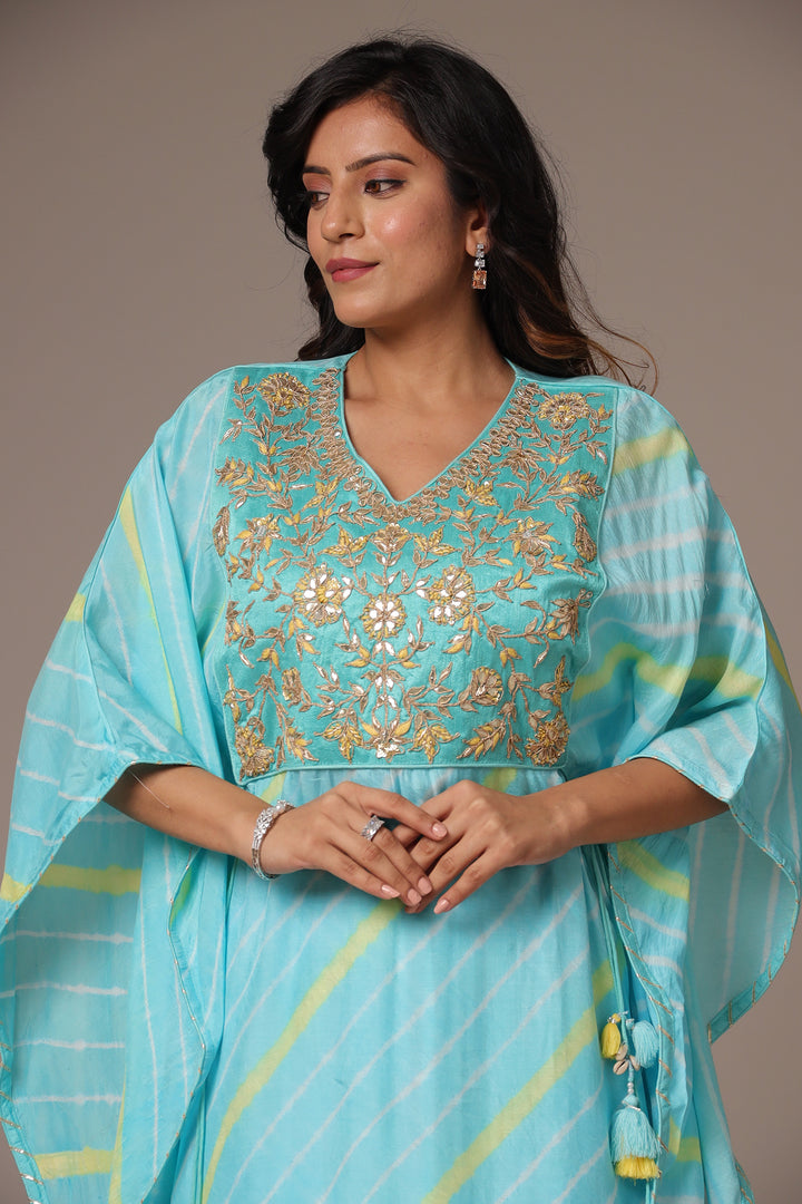 Embroidered Leheriya Silk Kaftan with Gota Patti work.