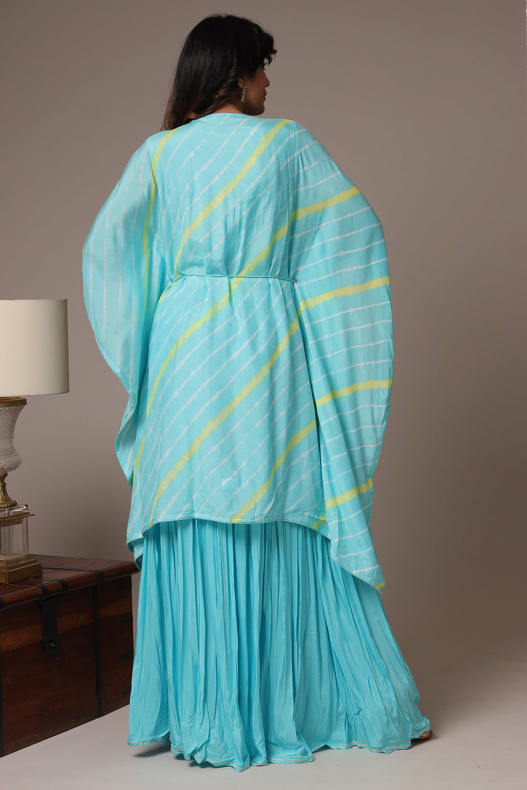 Embroidered Leheriya Silk Kaftan with Gota Patti work.