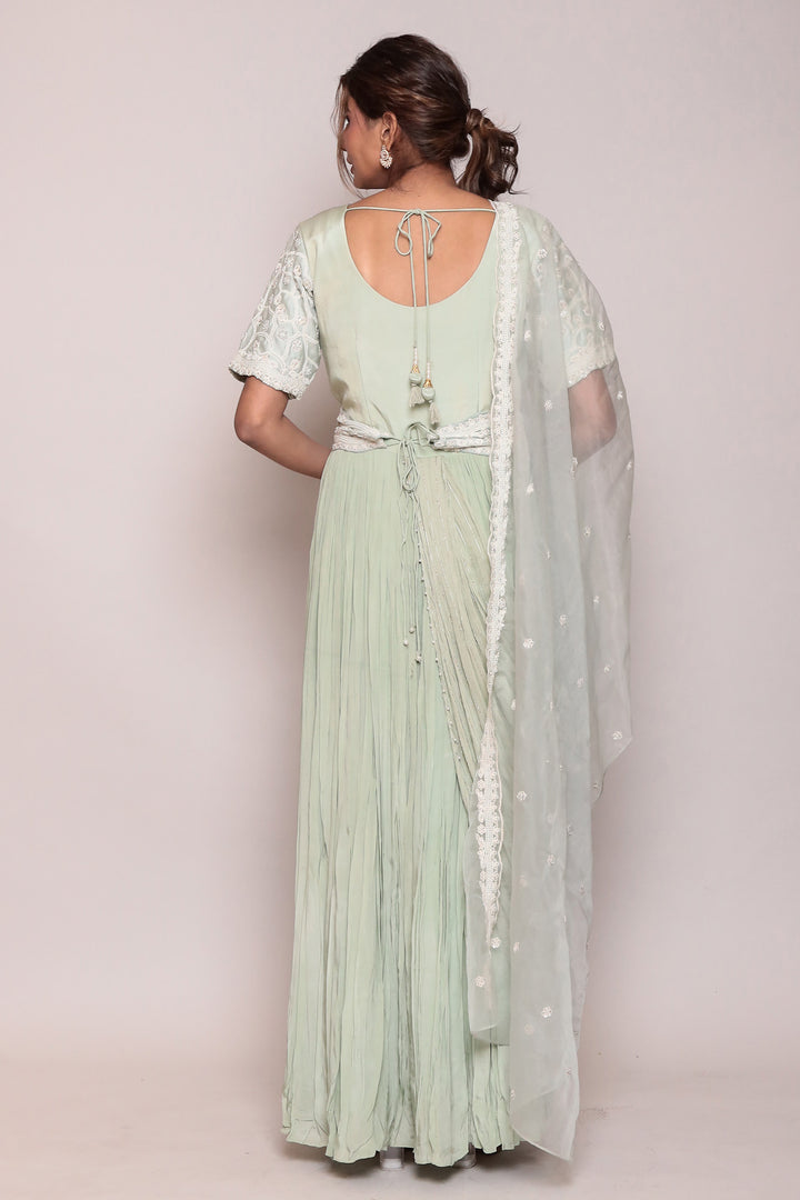 Embroidered Crepe Silk Gown with Pearl Work.