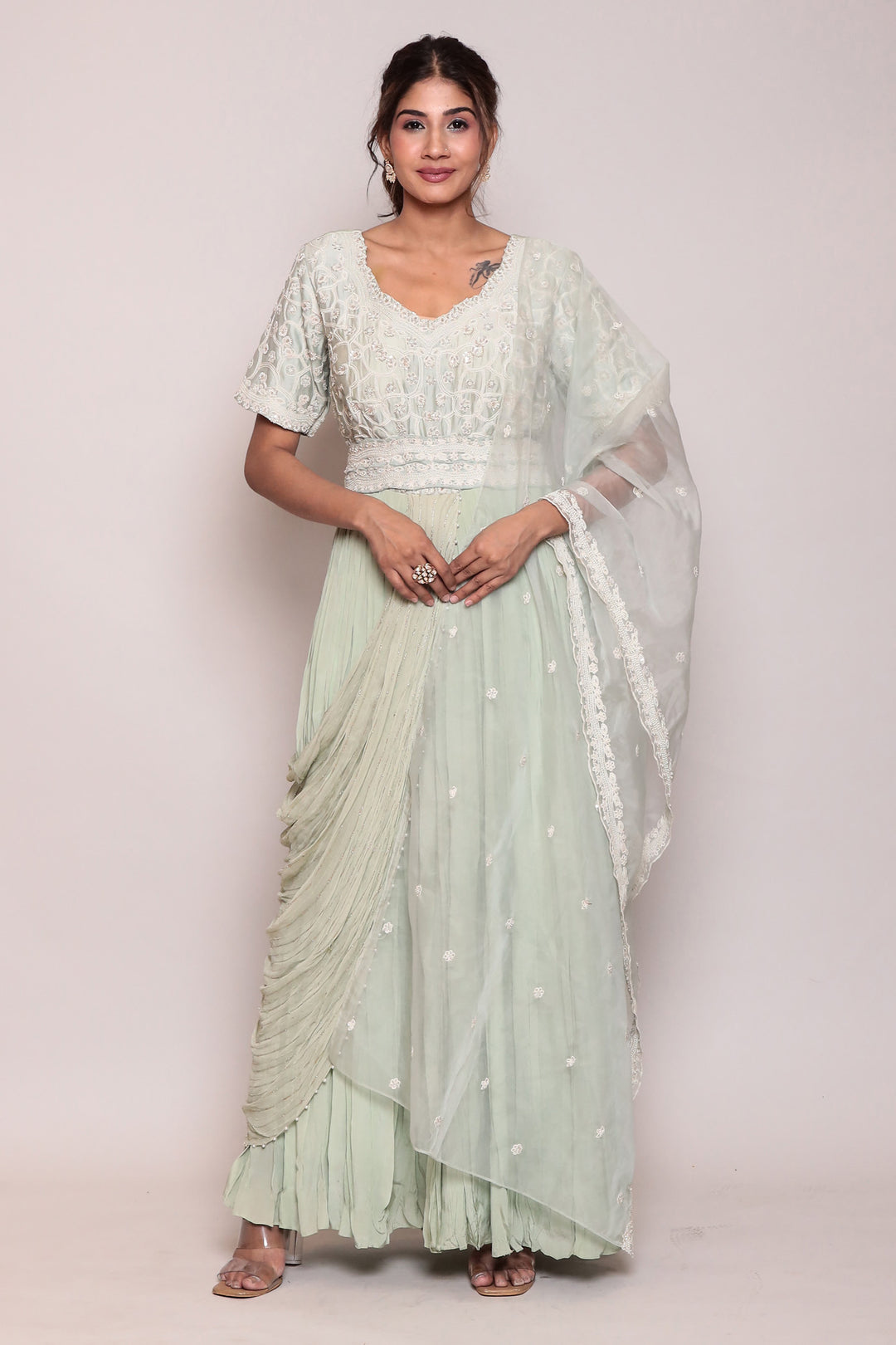 Embroidered Crepe Silk Gown with Pearl Work.