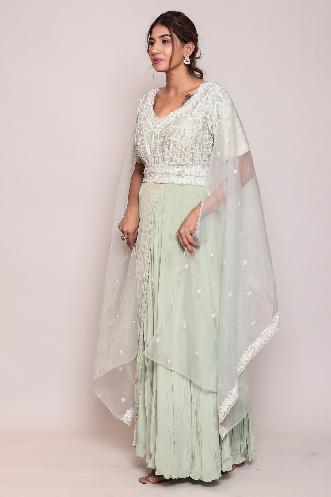 Embroidered Crepe Silk Gown with Pearl Work.