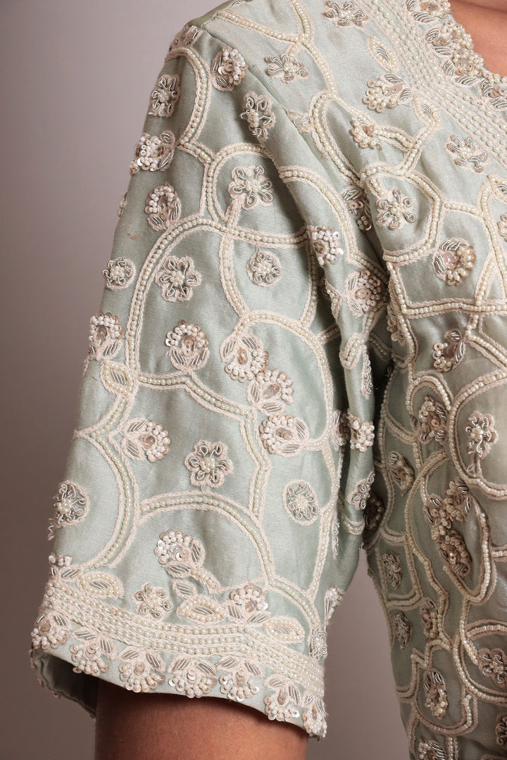 Embroidered Crepe Silk Gown with Pearl Work.