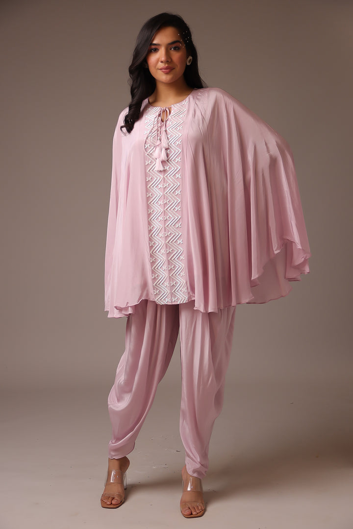 Elegant Silk Kaftan Dhoti Set adorned with Pearl Embellishments