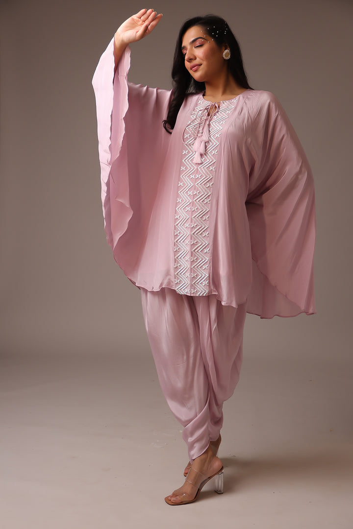 Elegant Silk Kaftan Dhoti Set adorned with Pearl Embellishments