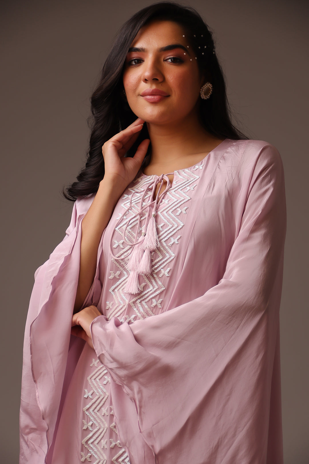 Elegant Silk Kaftan Dhoti Set adorned with Pearl Embellishments