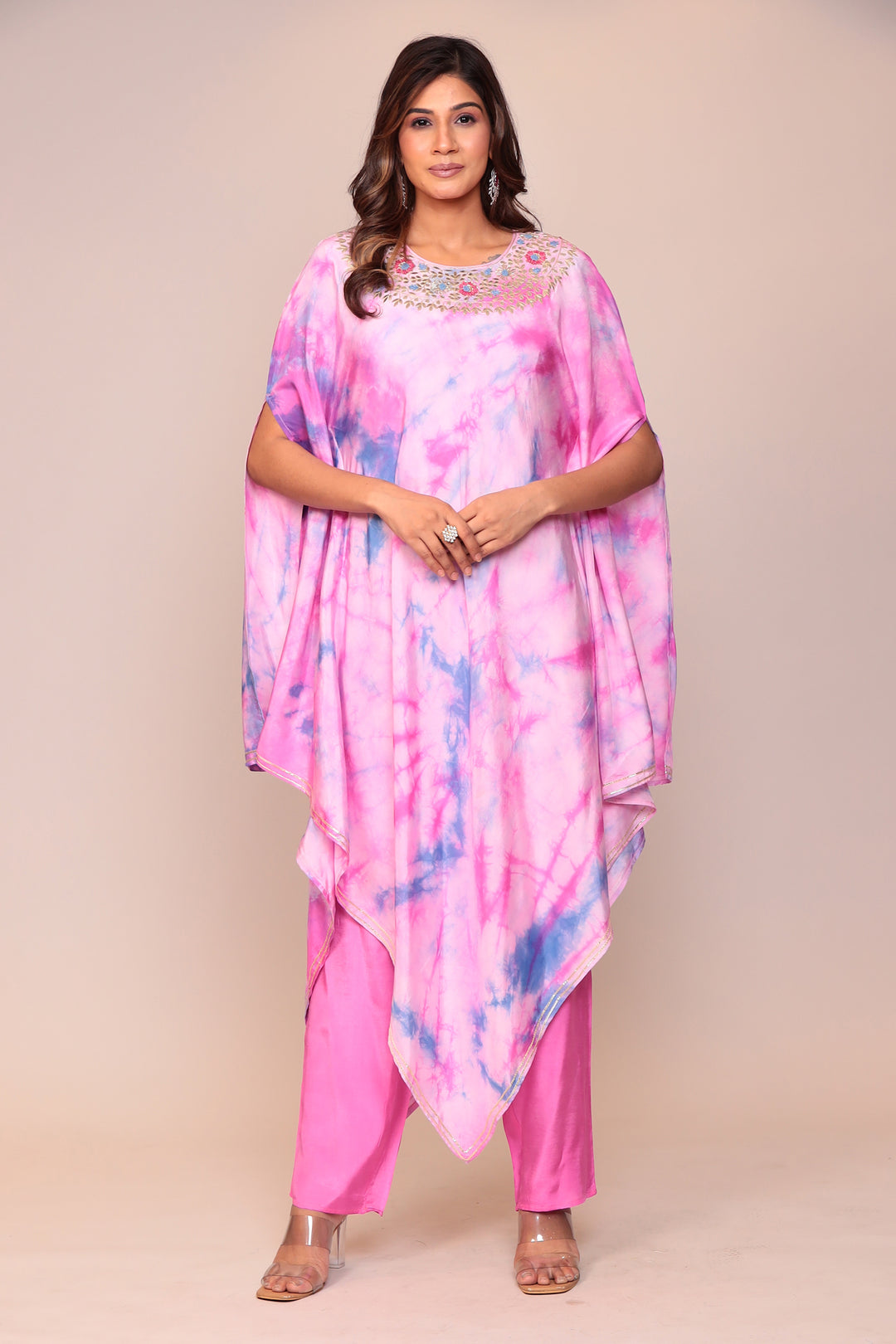 Tie & Dye Silk Kaftan (2Pcs) with Gota Patti and Thread Work.