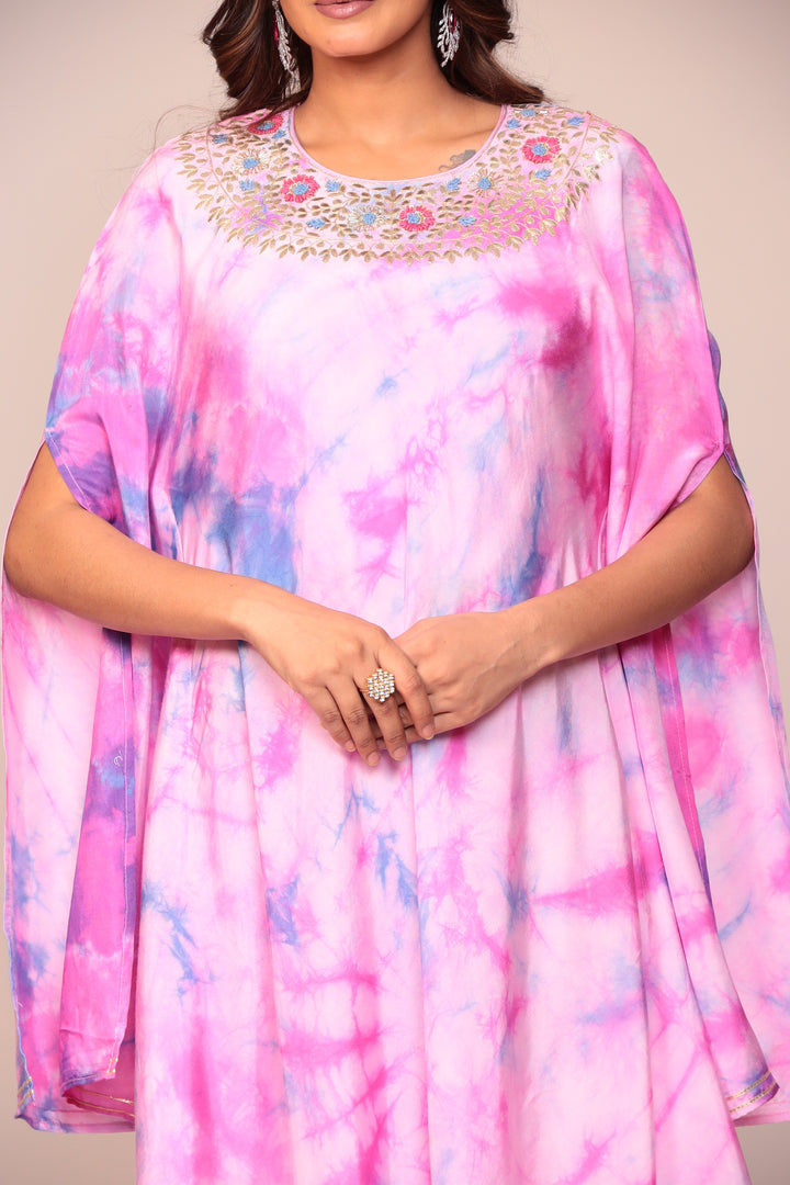 Tie & Dye Silk Kaftan (2Pcs) with Gota Patti and Thread Work.