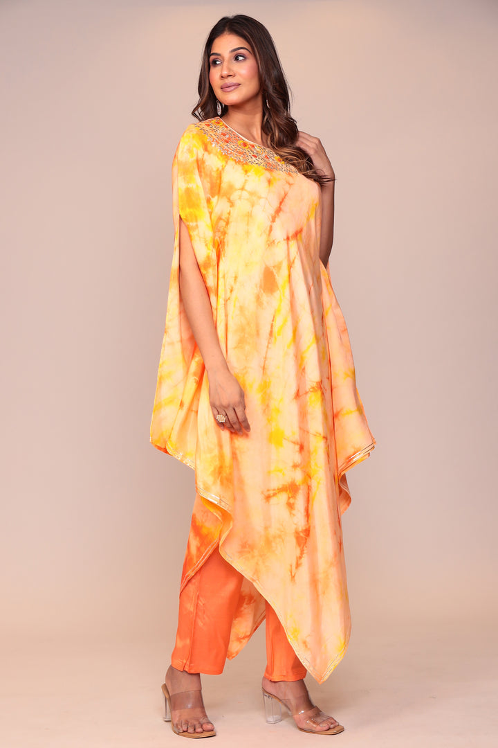 Tie & Dye Silk Kaftan (2Pcs) with Gota Patti and Thread Work.