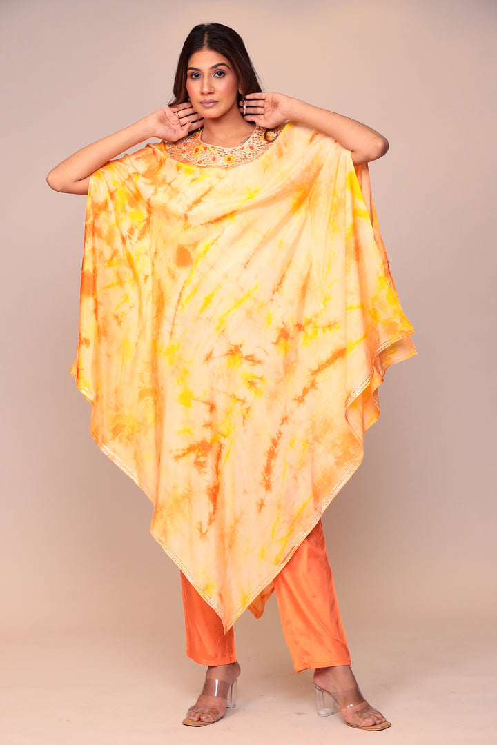 Tie & Dye Silk Kaftan (2Pcs) with Gota Patti and Thread Work.