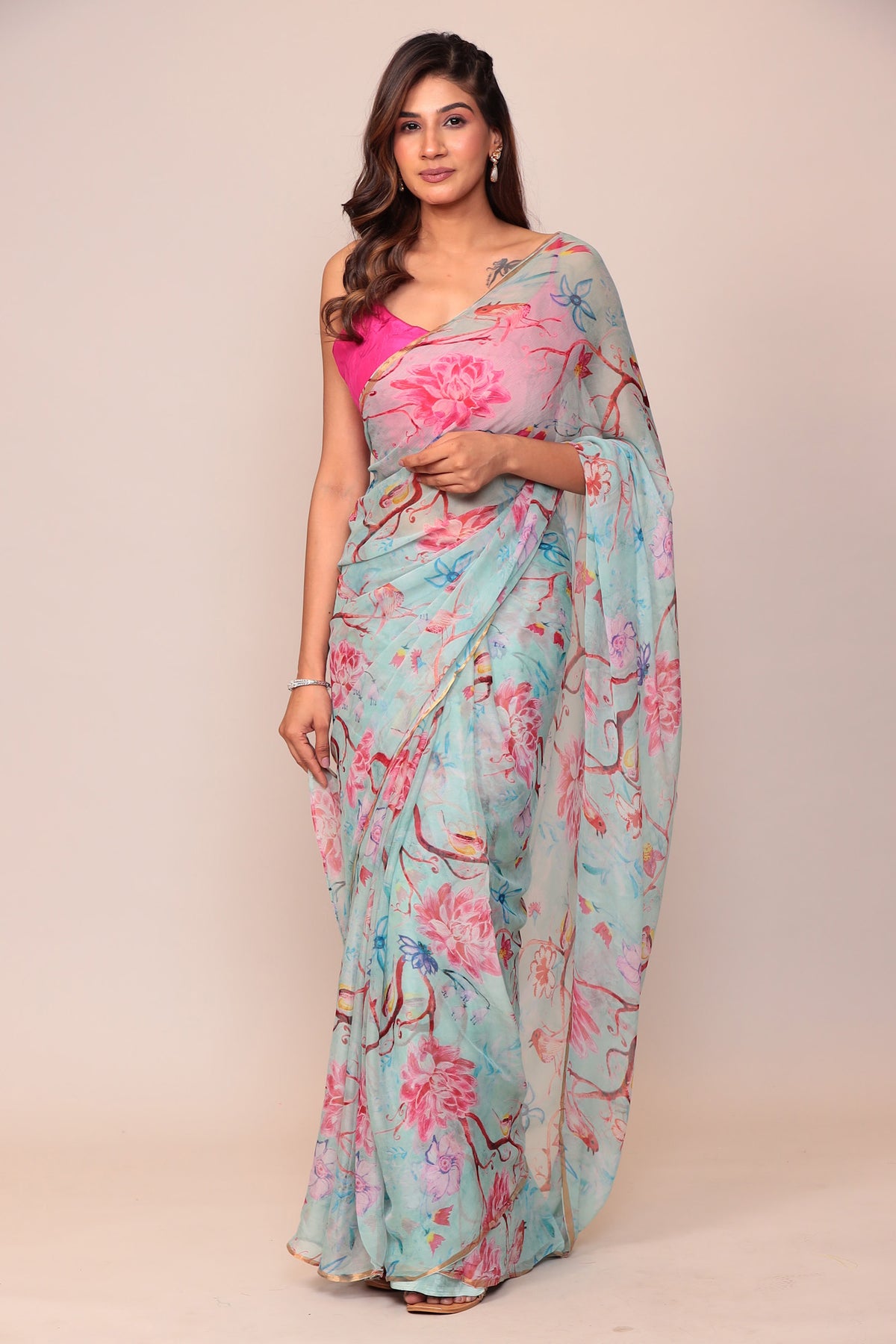 Urban Fashion Floral Print Chiffon Light Grey Saree|SARV123546