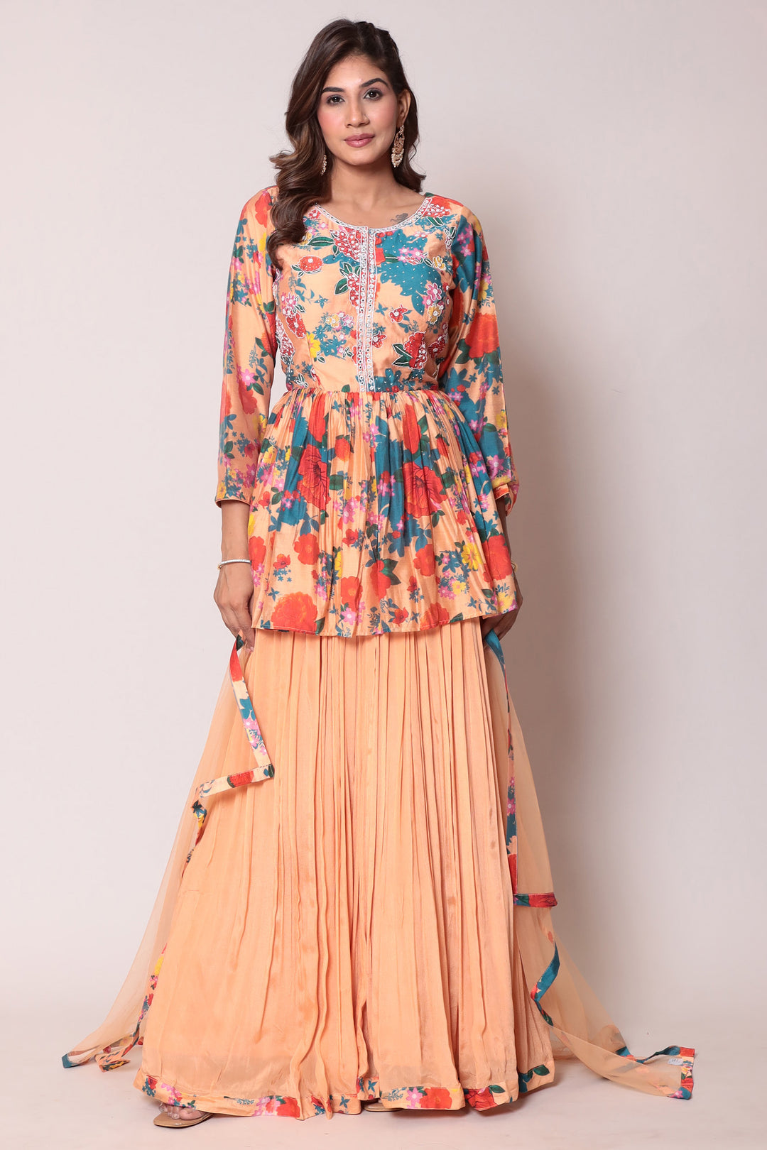 Printed Cotton Silk Peplum Style Indo Western with Thread work.