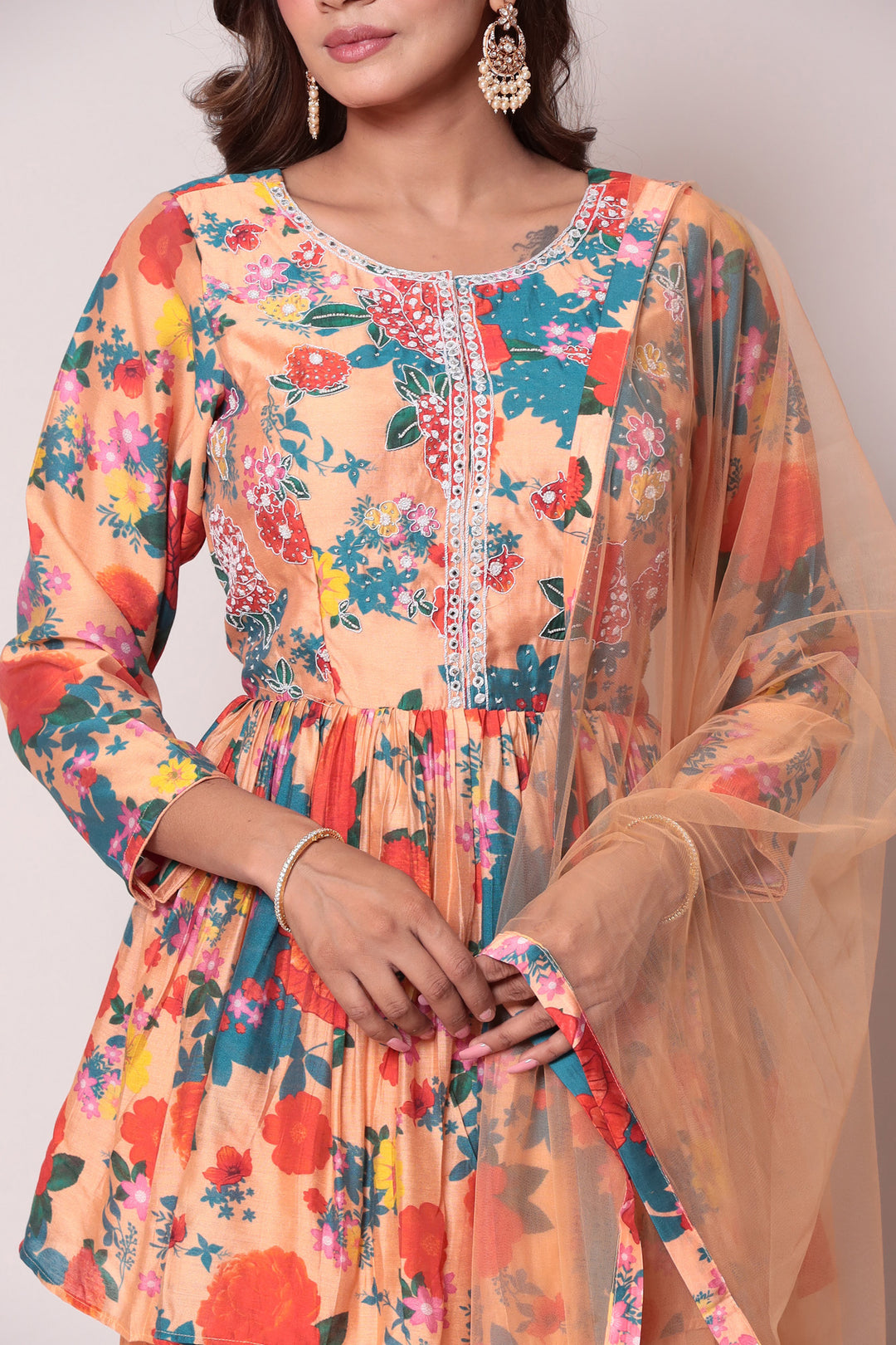 Printed Cotton Silk Peplum Style Indo Western with Thread work.