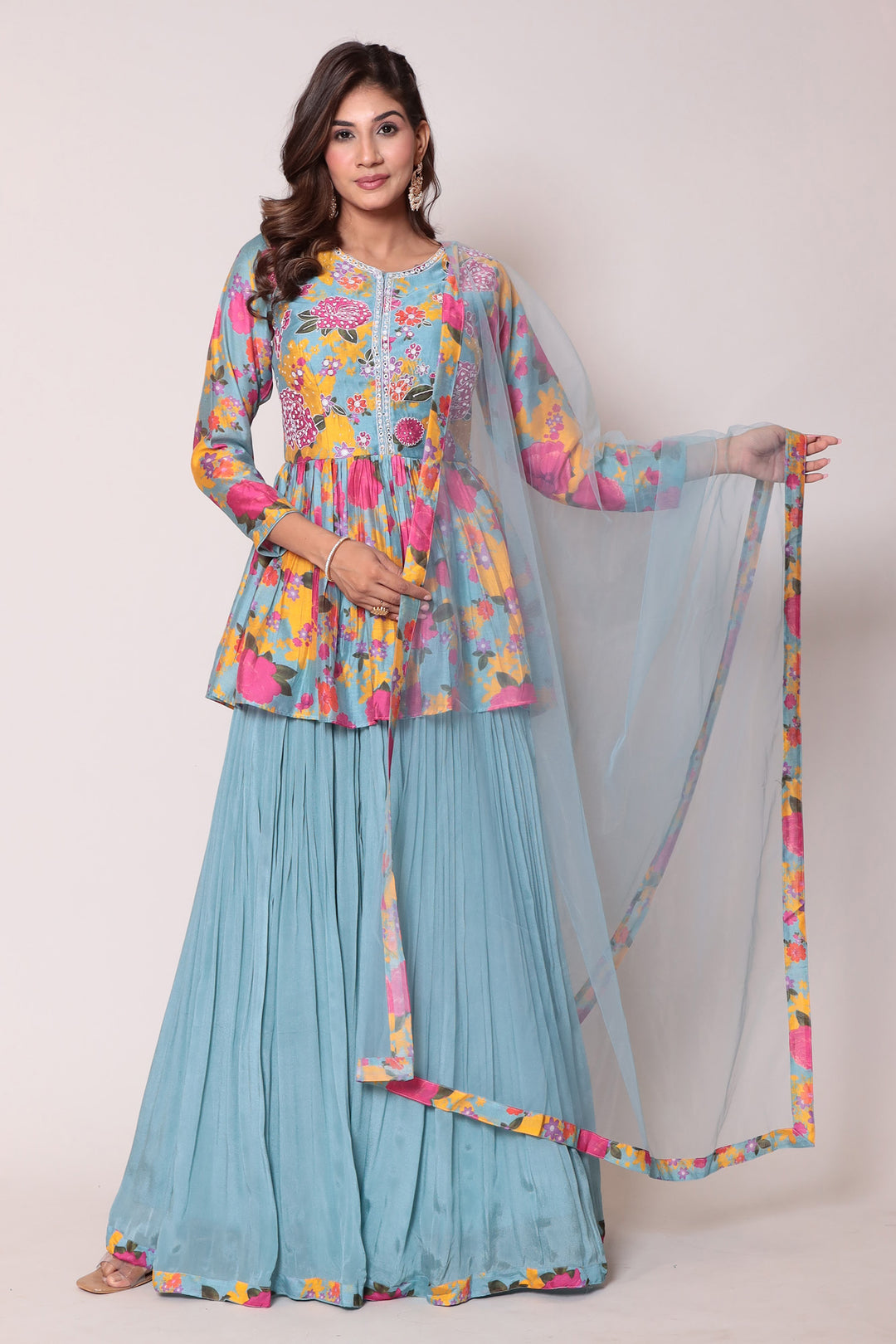 Printed Cotton Silk Peplum Style Indo Western with Thread work.