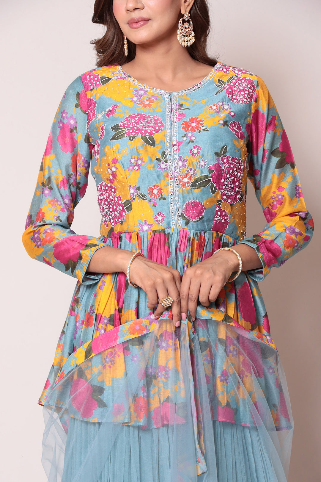 Printed Cotton Silk Peplum Style Indo Western with Thread work.