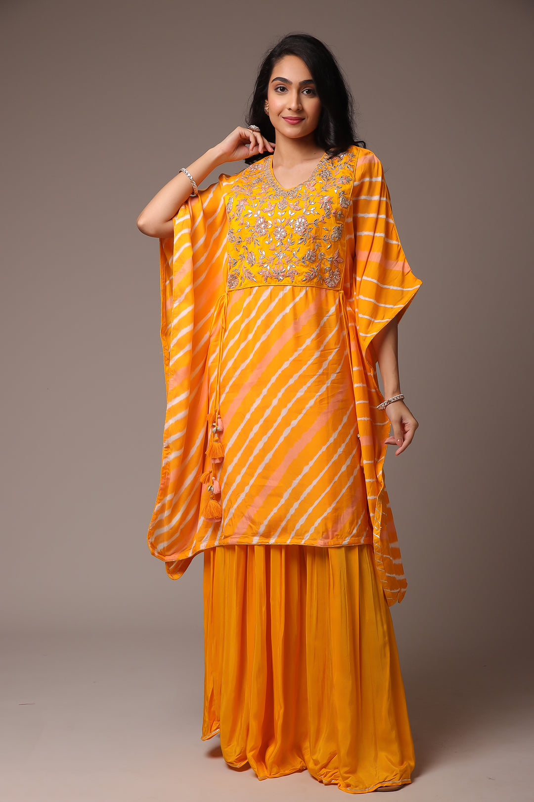 Embroidered Leheriya Silk Kaftan with Gota Patti work.