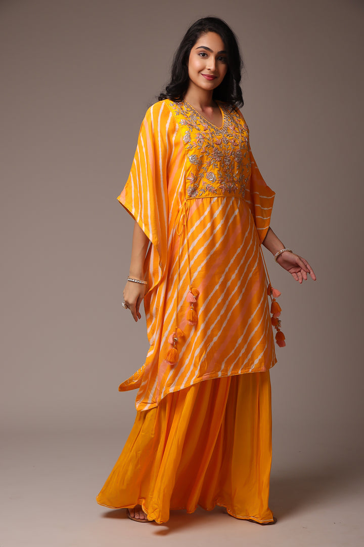 Embroidered Leheriya Silk Kaftan with Gota Patti work.