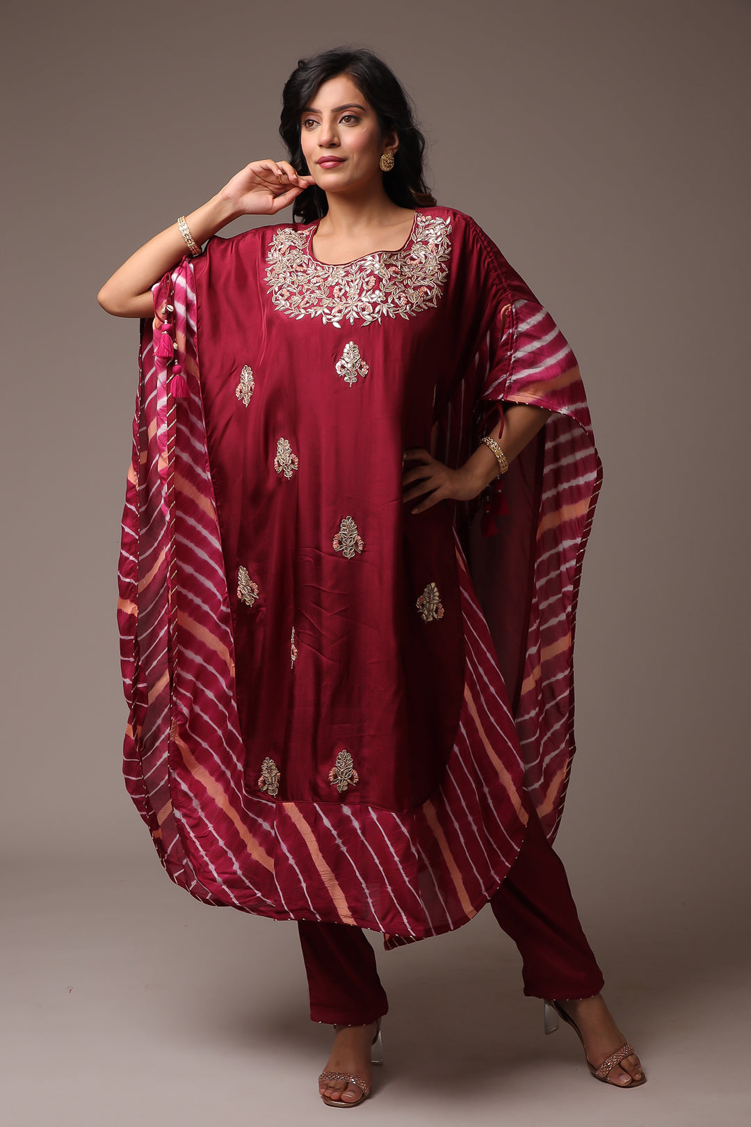 Embroidered Leheriya Silk Kaftan with Gota Patti work.