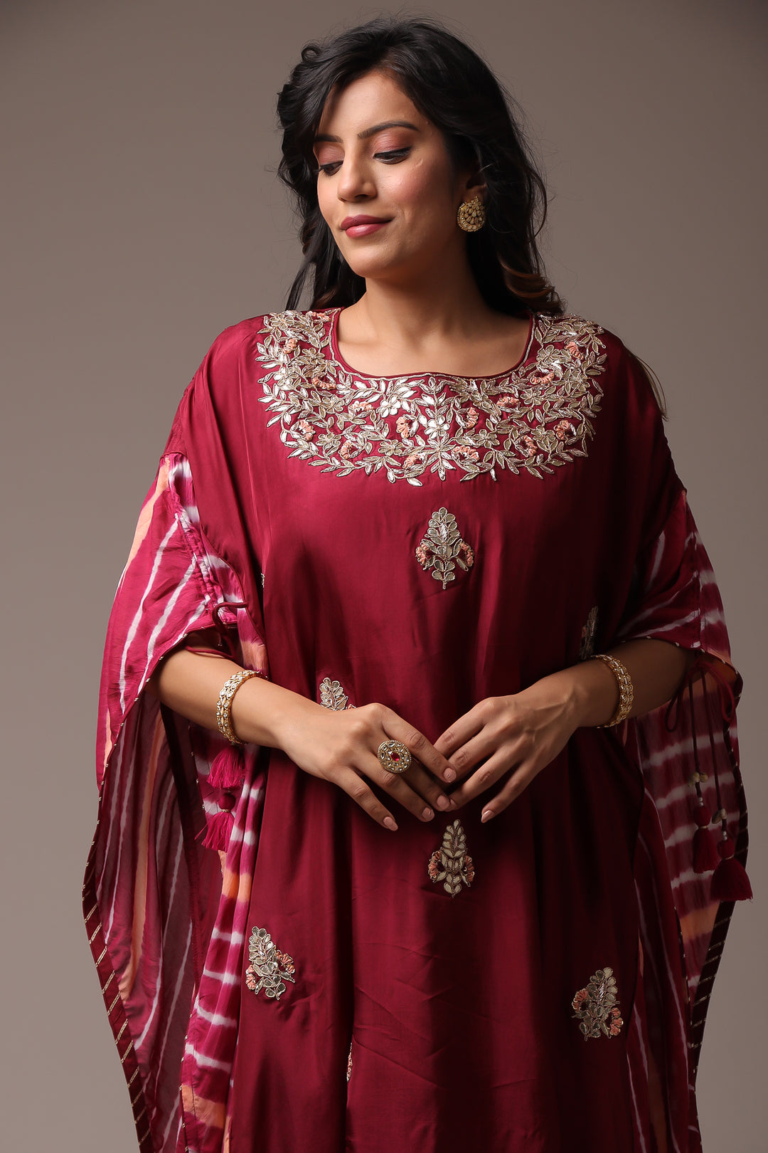 Embroidered Leheriya Silk Kaftan with Gota Patti work.