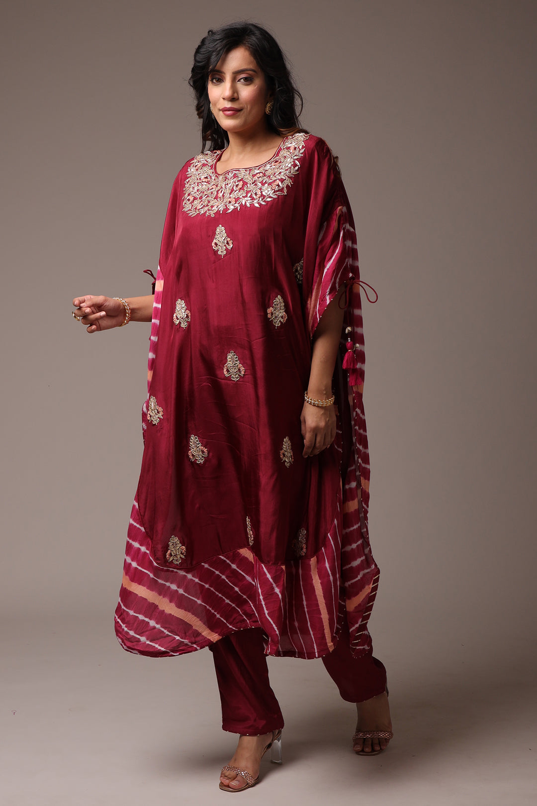 Embroidered Leheriya Silk Kaftan with Gota Patti work.