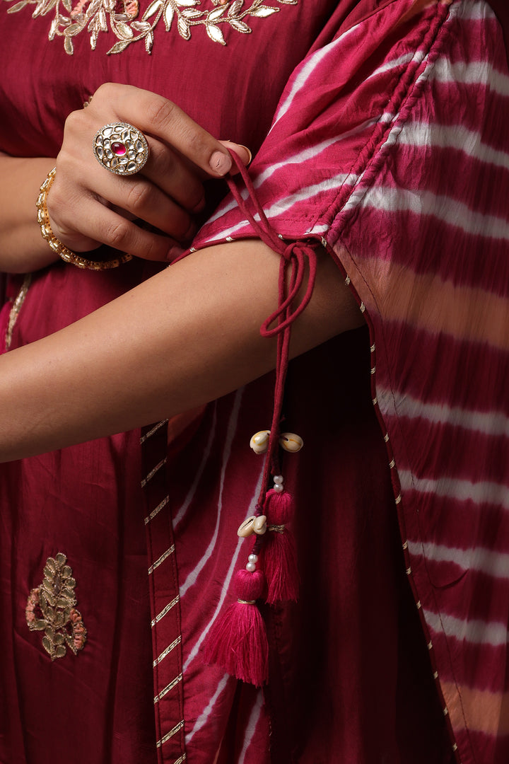 Embroidered Leheriya Silk Kaftan with Gota Patti work.