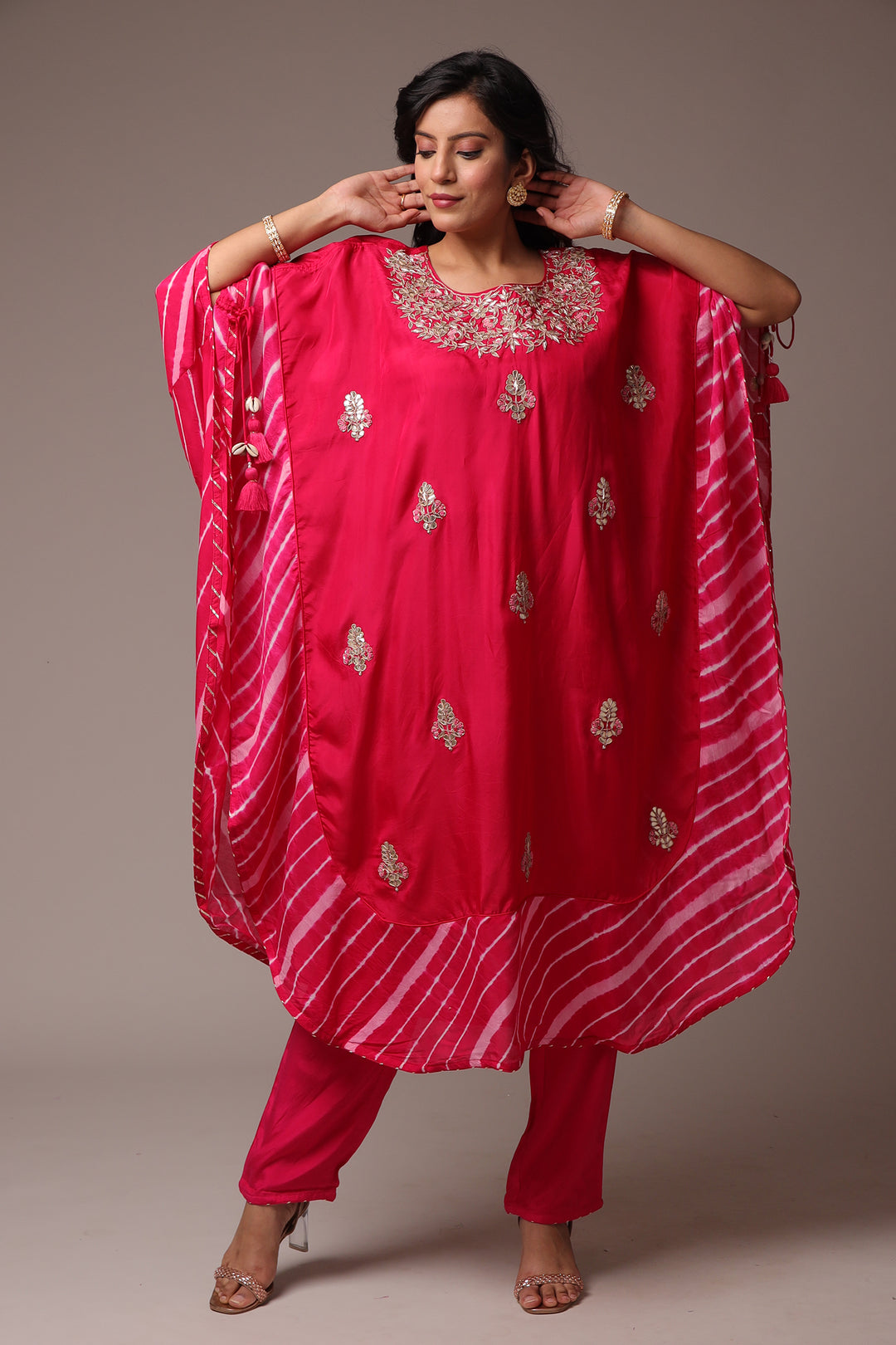 Embroidered Leheriya Silk Kaftan with Gota Patti work.