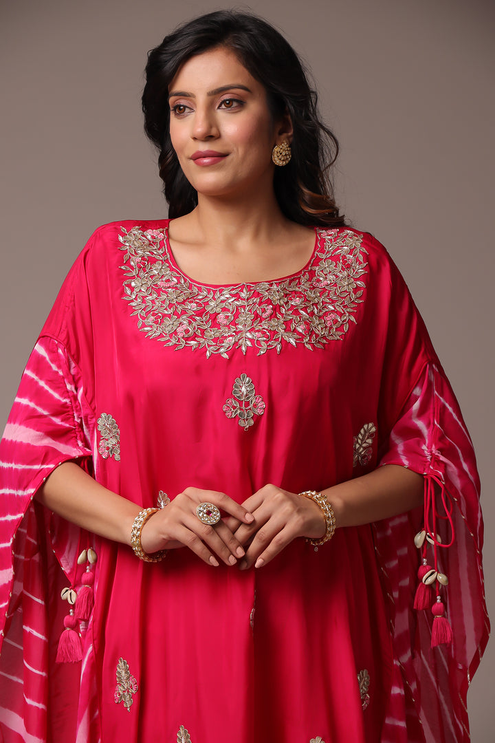 Embroidered Leheriya Silk Kaftan with Gota Patti work.