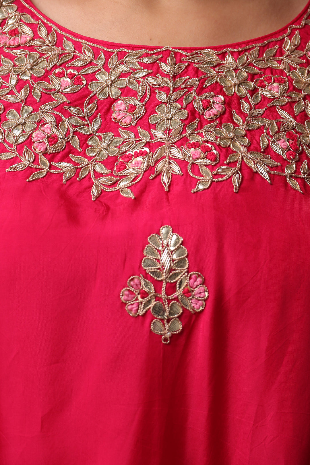 Embroidered Leheriya Silk Kaftan with Gota Patti work.