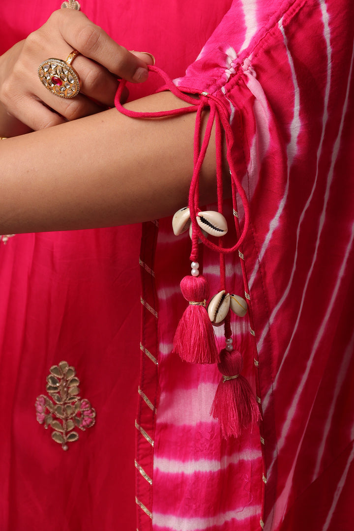 Embroidered Leheriya Silk Kaftan with Gota Patti work.