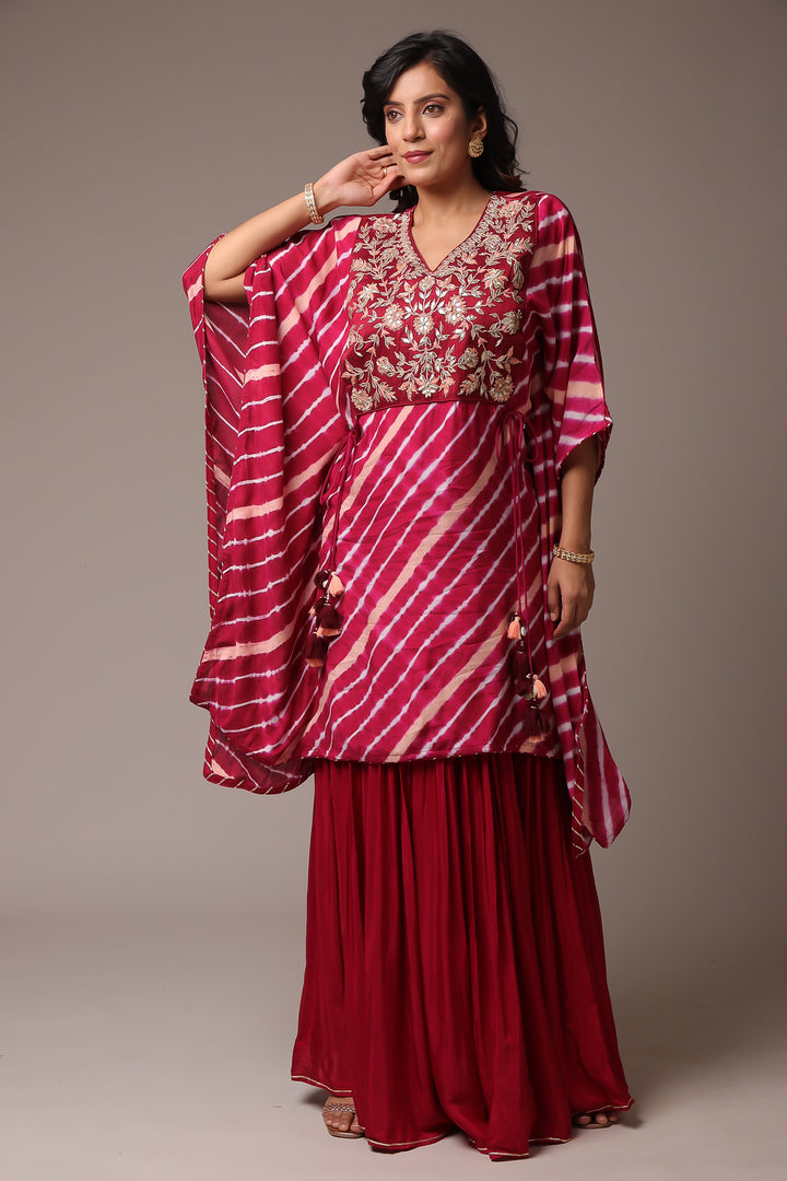 Embroidered Leheriya Silk Kaftan with Gota Patti work.