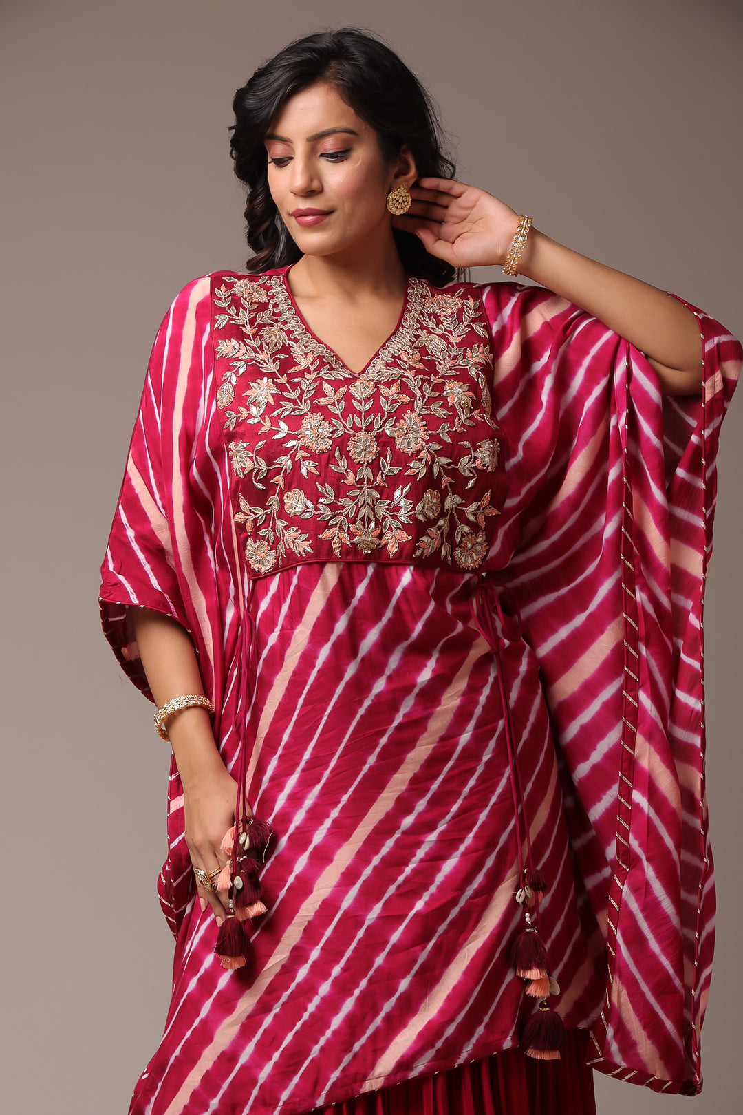 Embroidered Leheriya Silk Kaftan with Gota Patti work.