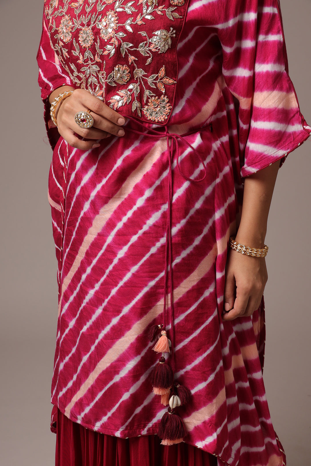 Embroidered Leheriya Silk Kaftan with Gota Patti work.