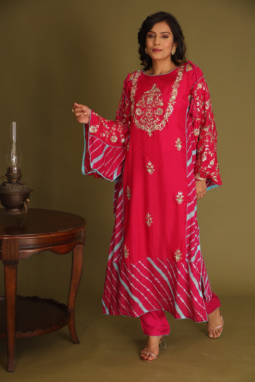 Embroidered Leheriya Silk Kaftan with Gota Patti work.