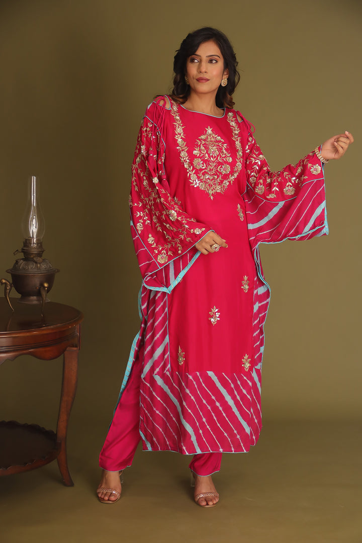 Embroidered Leheriya Silk Kaftan with Gota Patti work.