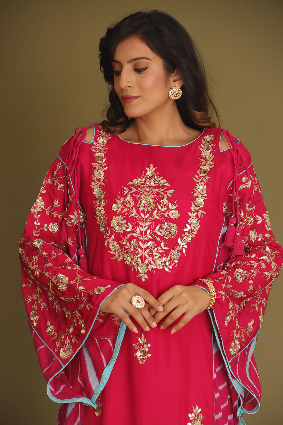 Embroidered Leheriya Silk Kaftan with Gota Patti work.